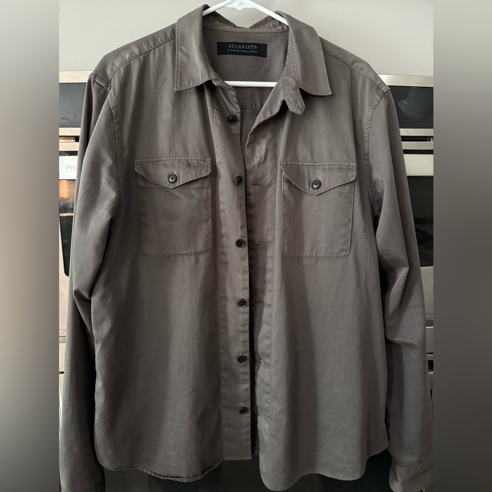 All Saints dark olive Green 
/charcoal Button-Up Shirt
